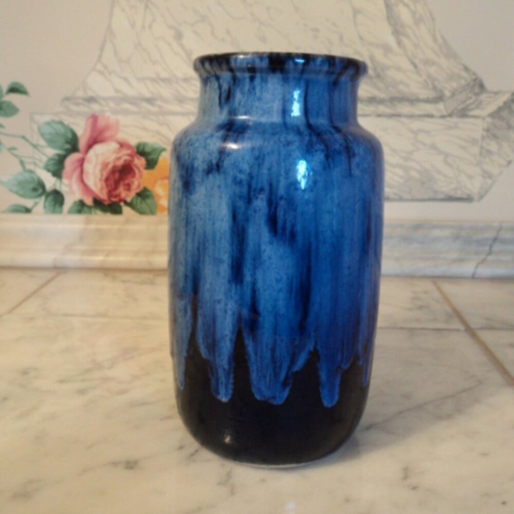 Vintage West Germany drip glaze design pottery vase~ cobalt blue